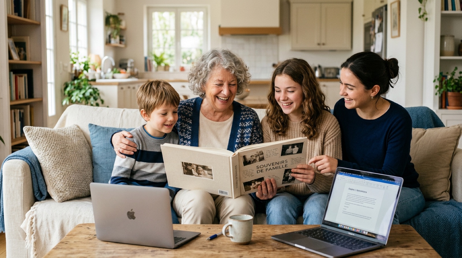 Trois générations réunies sur un canapé autour d'un livre « Souvenirs de famille ».