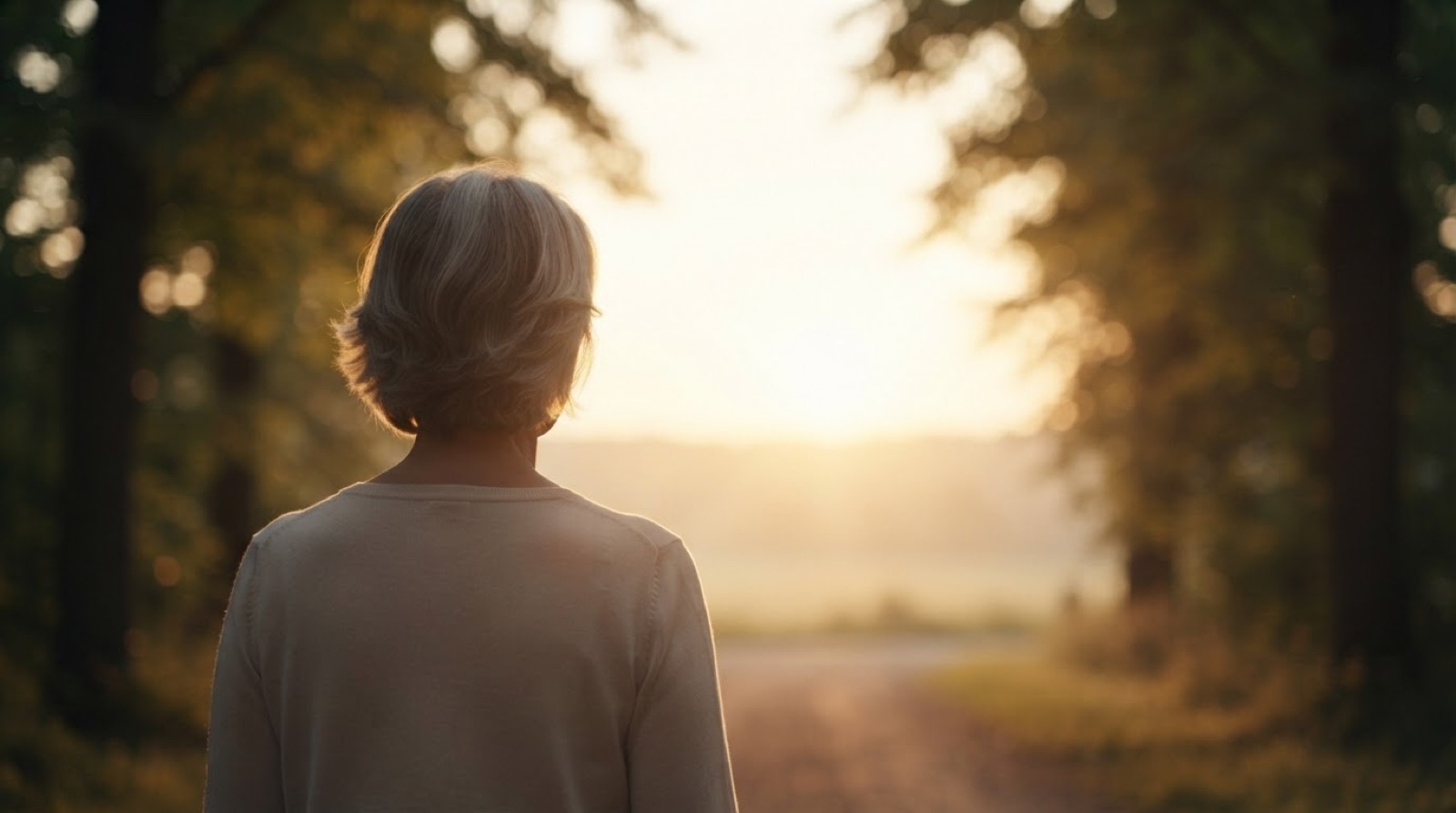 Une femme de dos regarde le soleil se lever au bout d'un chemin bordé d'arbres.