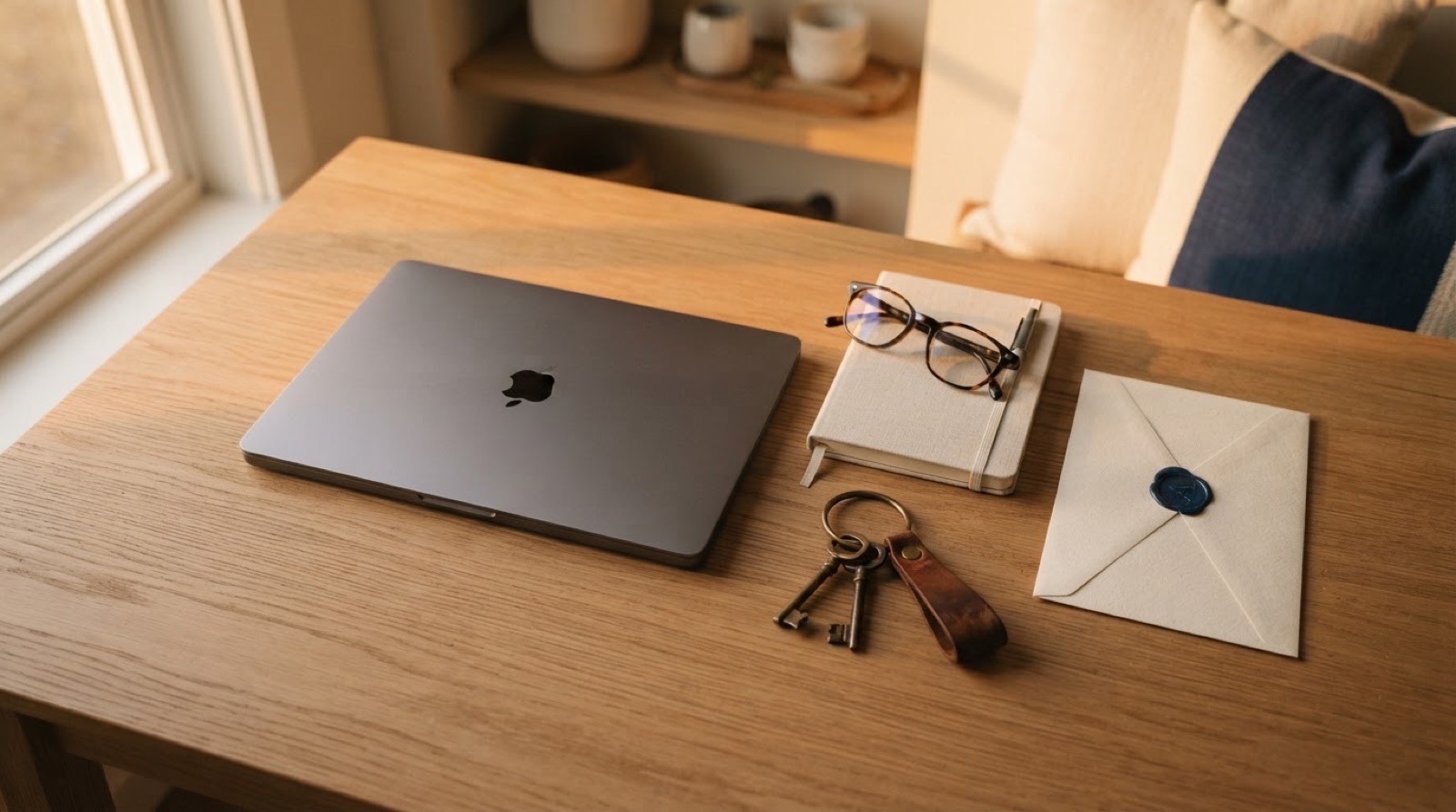 Sur un bureau en bois clair : un ordinateur fermé, un carnet, des lunettes, un trousseau de clés anciennes et un pli cacheté de cire bleue.
