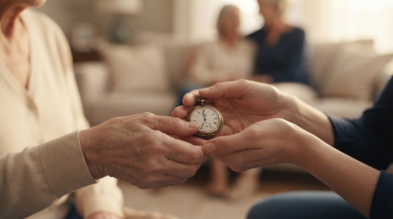 Des mains âgées confient une montre de poche ancienne à des mains plus jeunes ; la famille est réunie à l'arrière-plan.